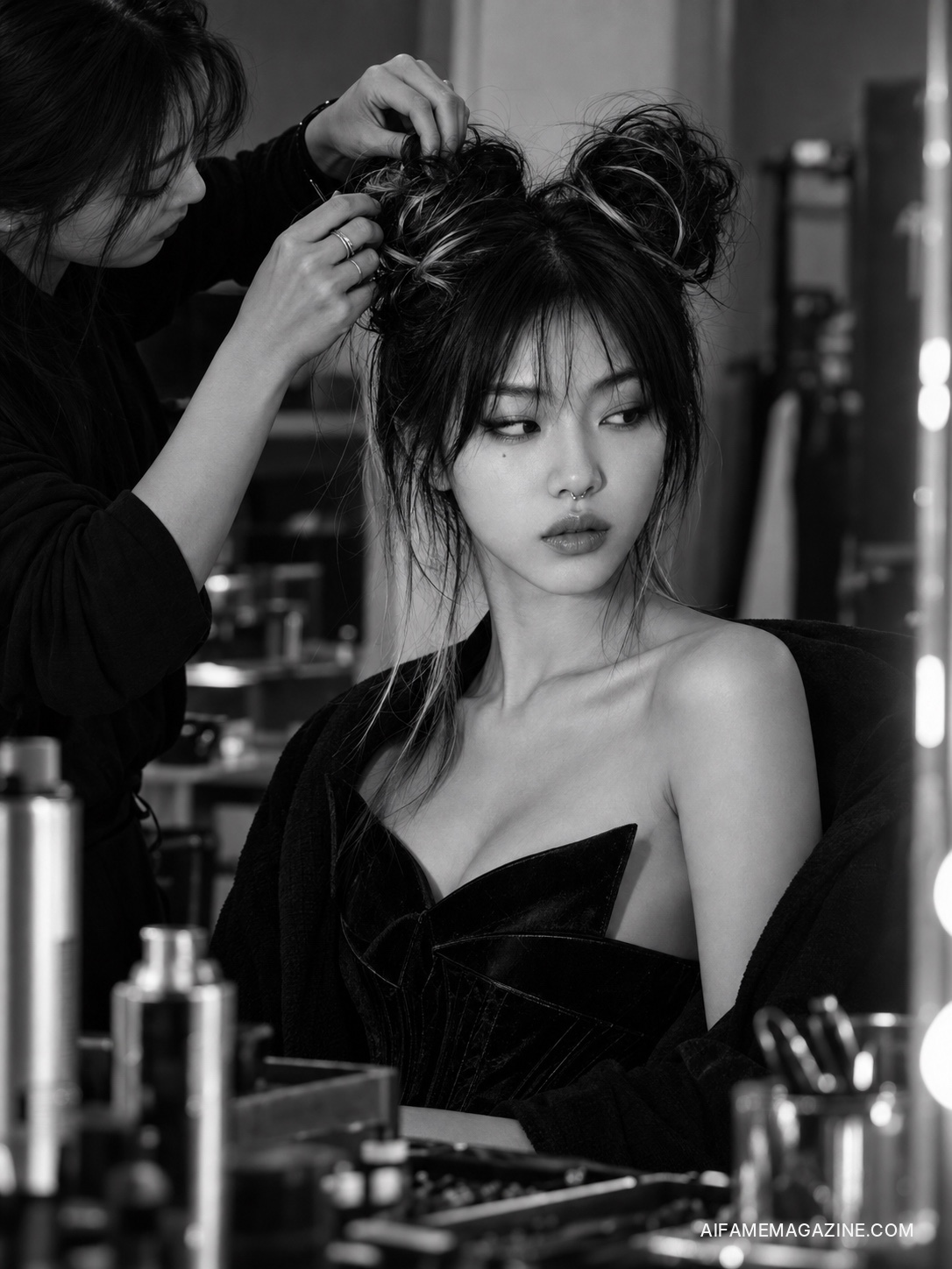 Final hair preparation for Elizabeth Choi.