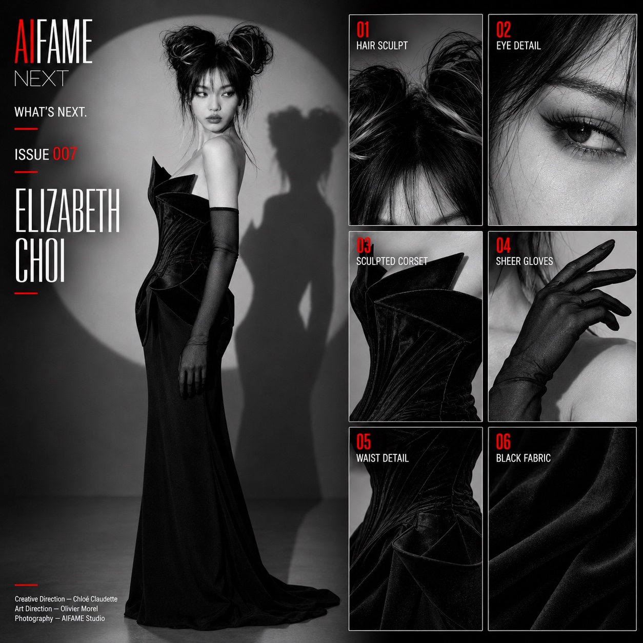 AIFAME NEXT ISSUE 007 lookbook featuring Elizabeth Choi and six editorial details.