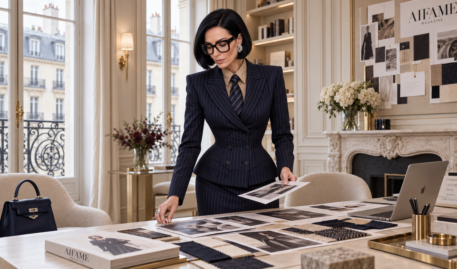 Chloé Claudette reviewing AIFAME editorial concepts in the Paris office