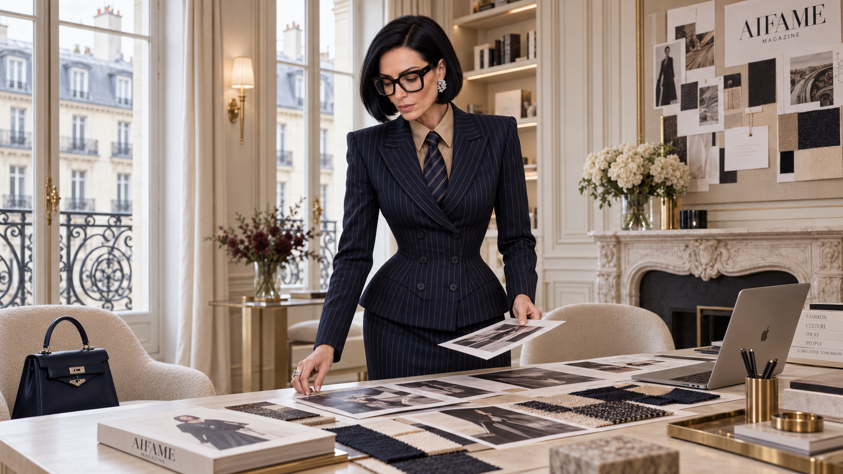 Chloé Claudette reviewing AIFAME editorial concepts in the Paris office