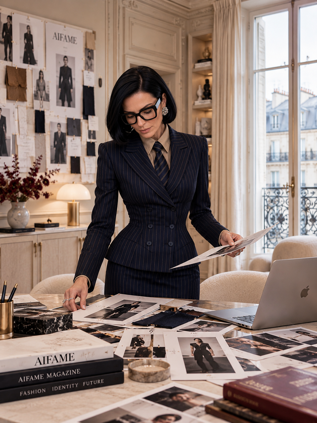 Chloé Claudette reviewing AIFAME editorial prints and creative direction in Paris