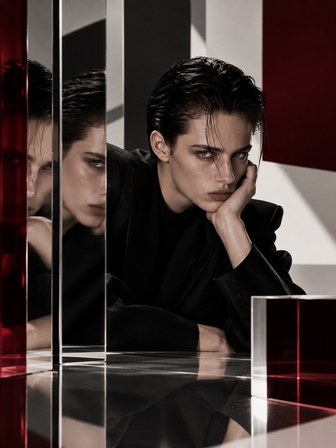 AIFAME AI NEWS editorial portrait exploring synthetic identity and reflection